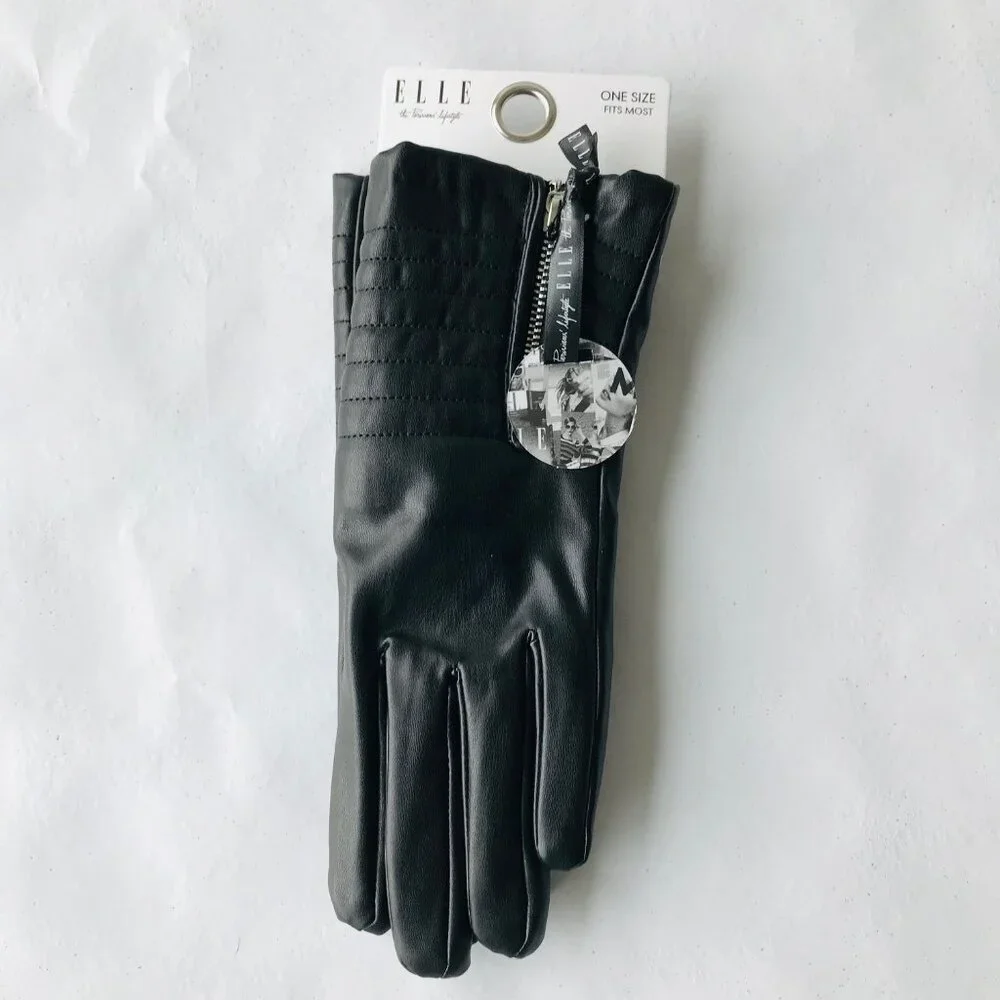 Elle  Women’s Gloves With Lining Black  Patterned Faux Leather